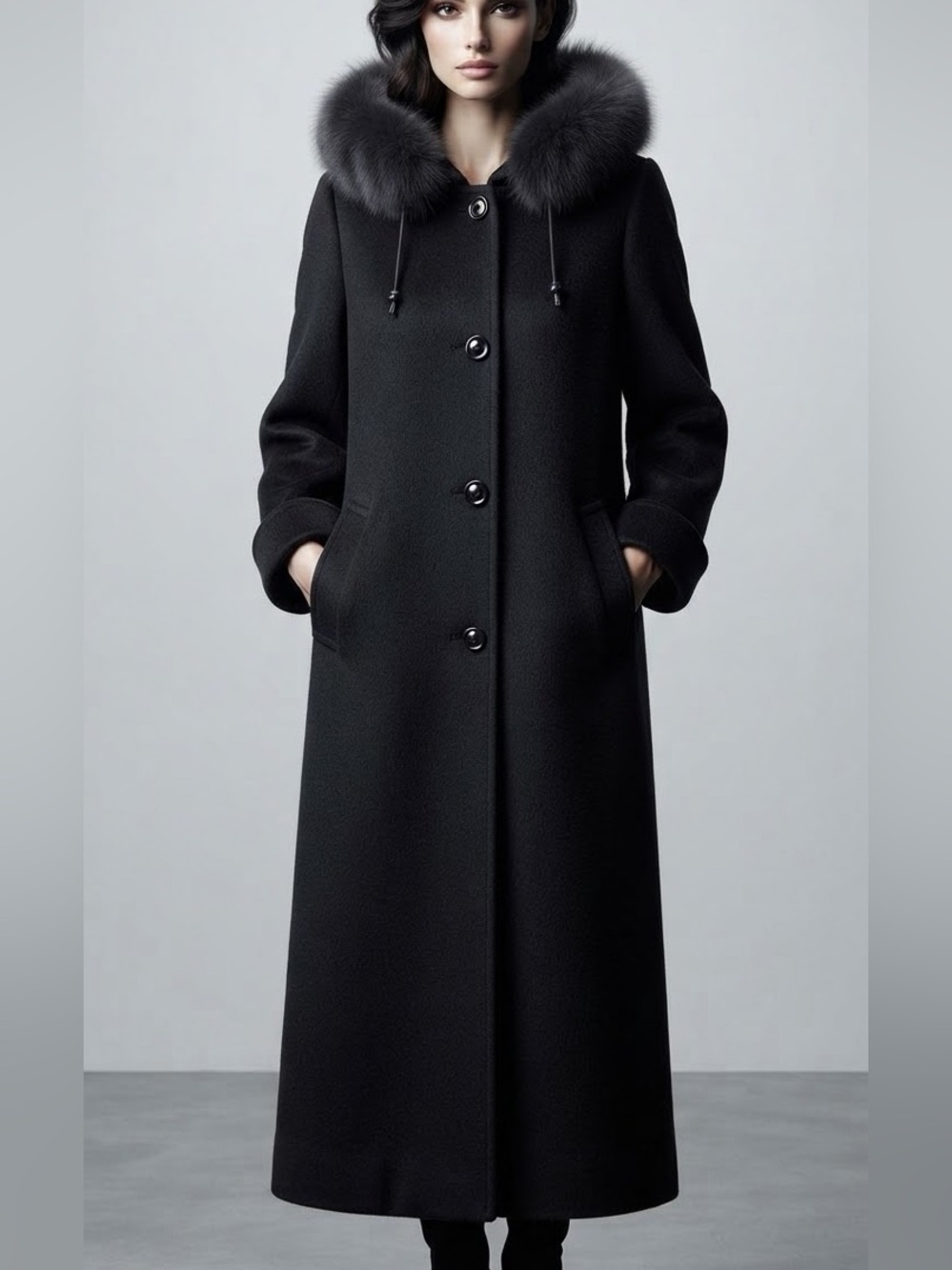 NUAGE Collection Black Coat With Genuine Fox Trim